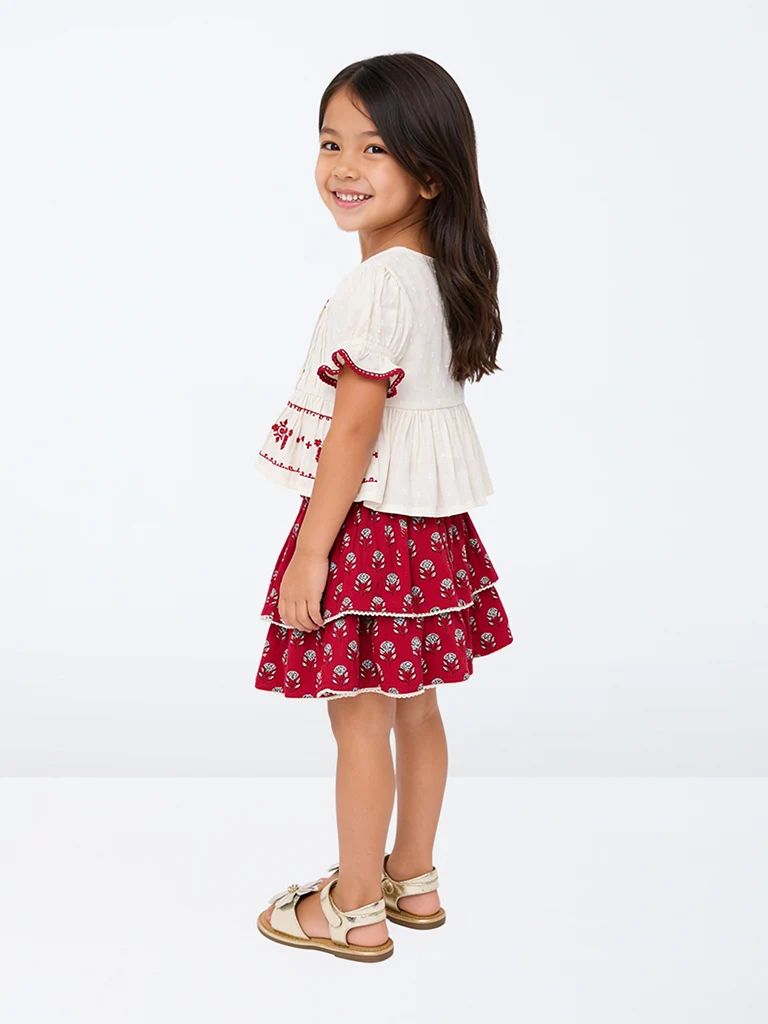 Kids Girls Red Floral Printed Tiered Cotton Skirt - (2-8 yrs)
